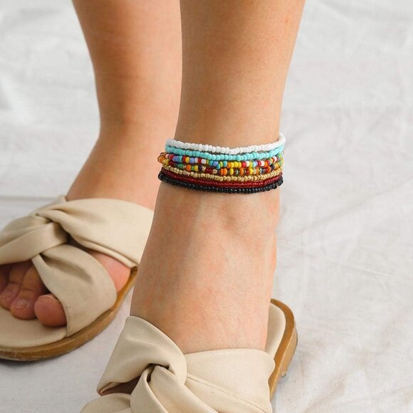 18 Pieces Elastic Beaded Anklets for Women Handmade Beach Boho Colorful Beads An - Picture 2 of 7